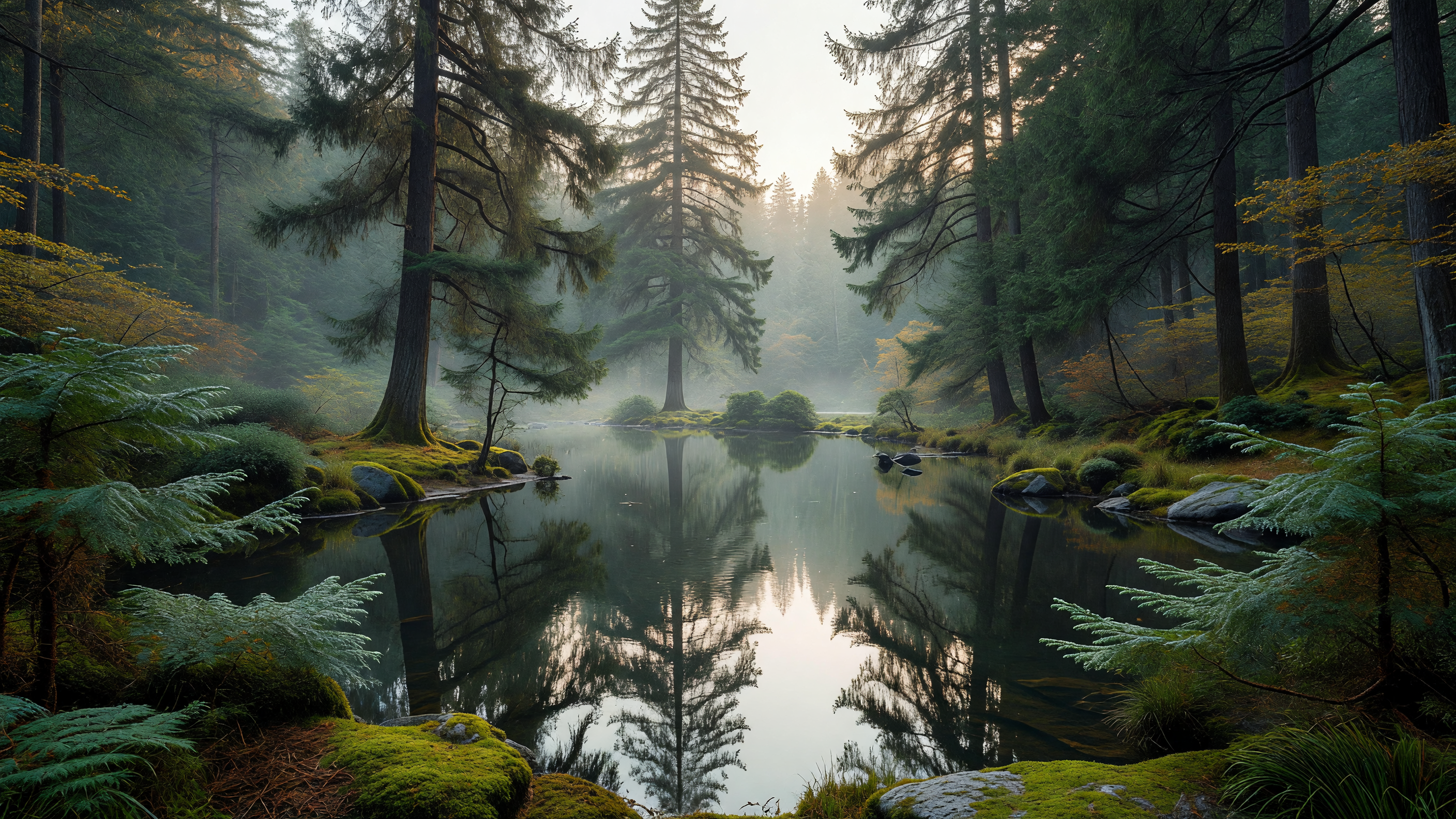 森の池に映る針葉樹 forest pond reflection